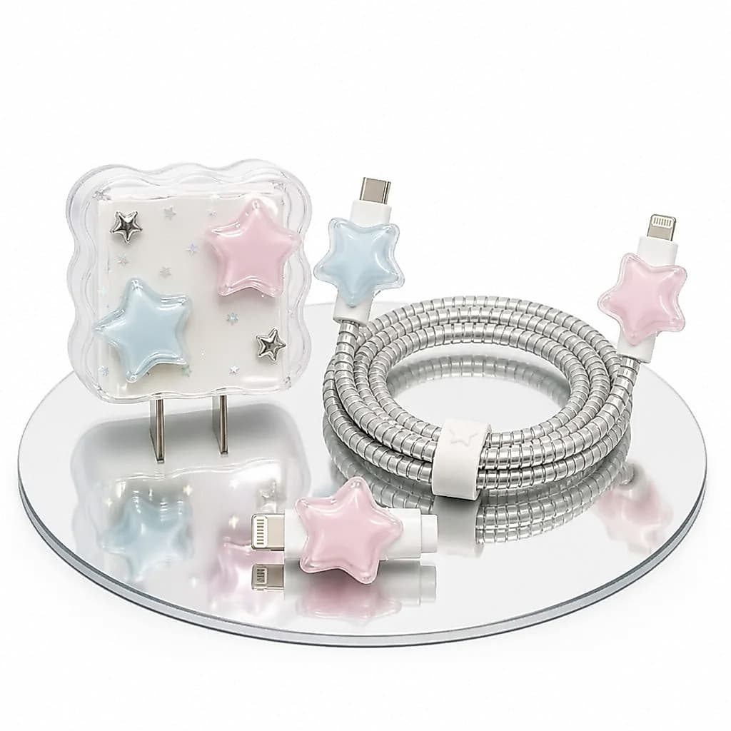 Kit Estrela Conector Exclusivo Compatível com Carregador Apple Cabo Metal Espiral Proteção Design 3D Premium