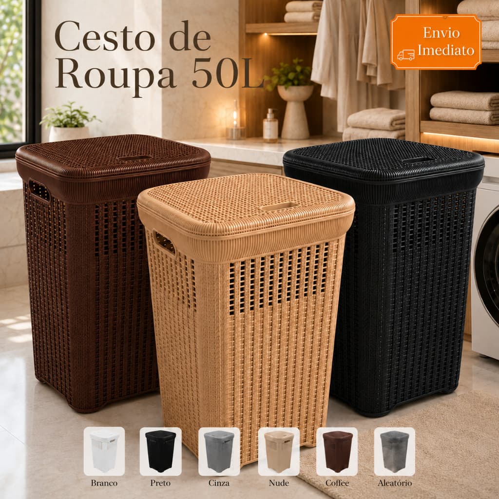 Cesto de Roupa Rattan 50 Litros com Tampa para Lavanderia Banheiro Quarto