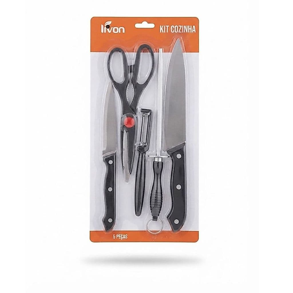 Kit Cozinha Essencial 5 Peças: Facas, Tesoura e Acessórios