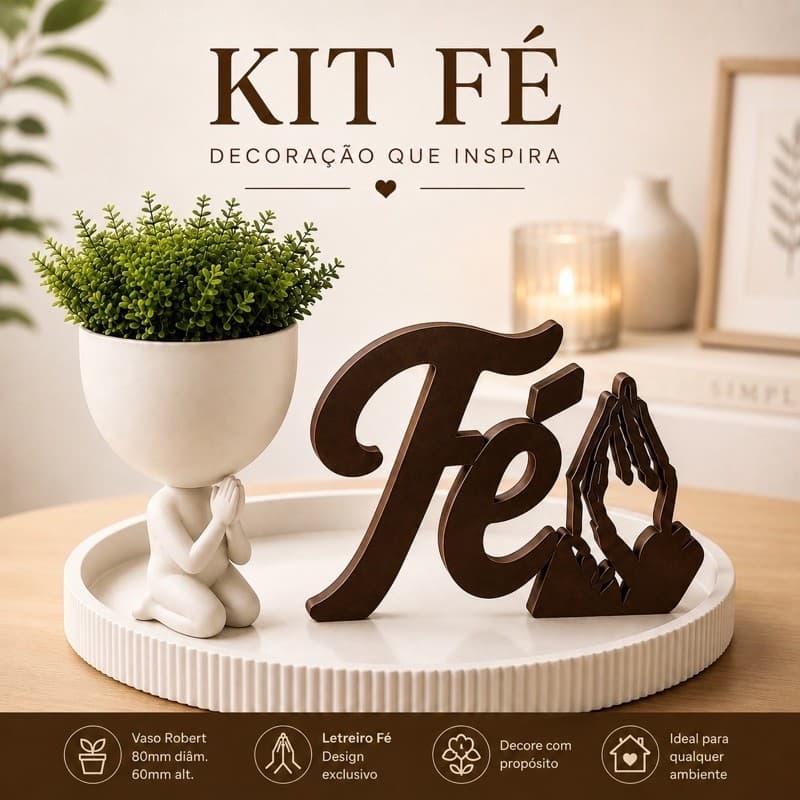 Kit Decorativo Fé com Vaso e Bandeja Enfeite Religioso para Sala Rack Aparador Presente Cristão