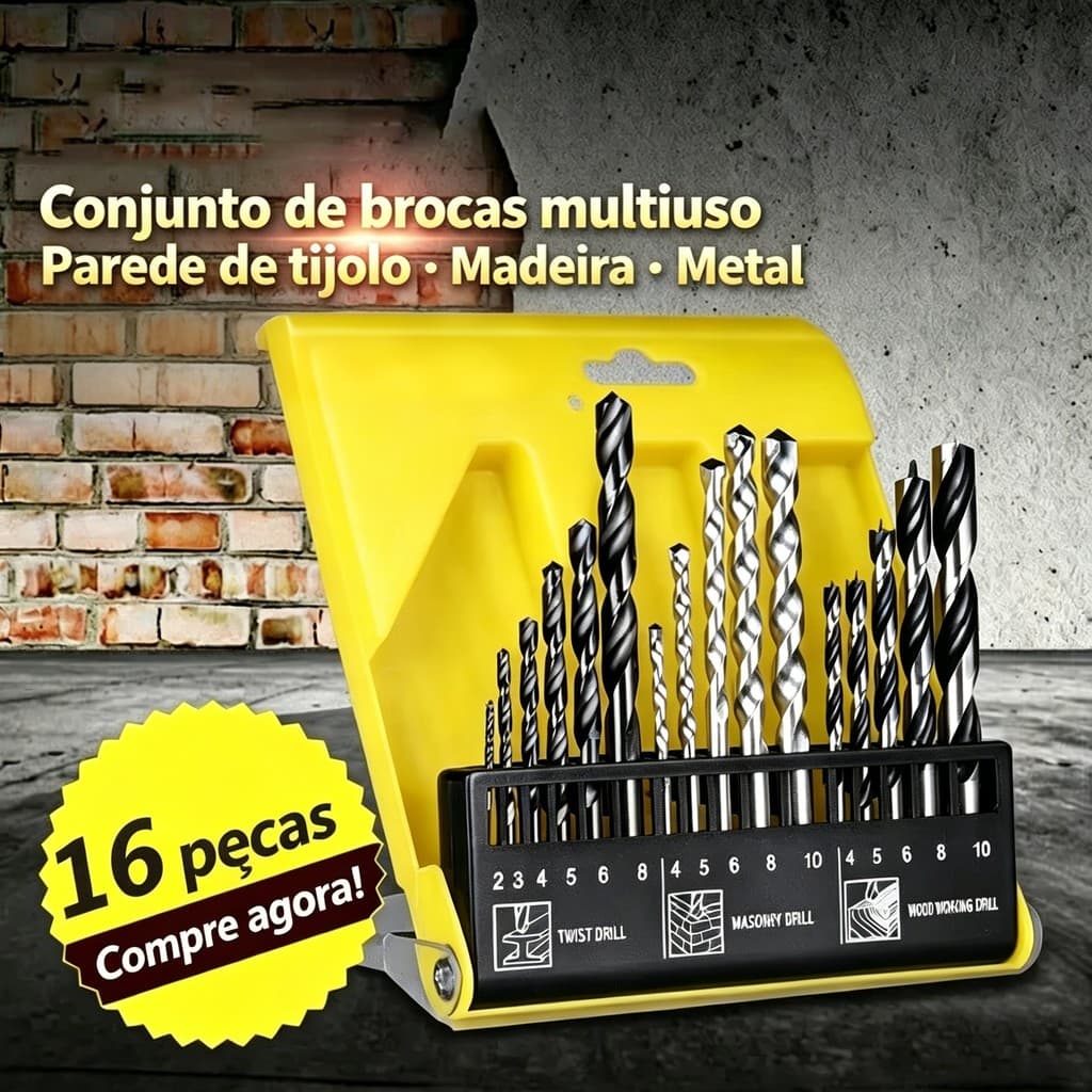 Kit com 16 Brocas Multifuncionais para Madeira, Concreto e Metal