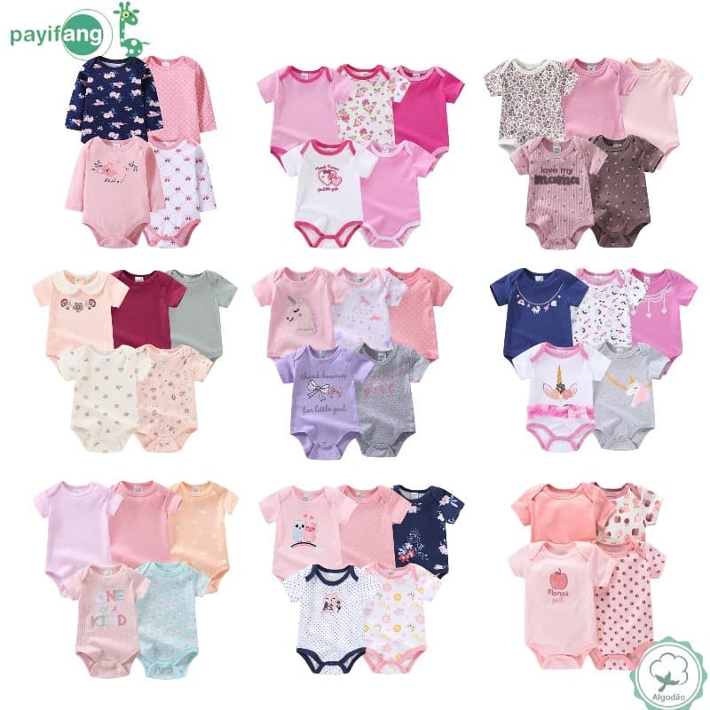 Pijama Bebê Kit 5 Conjuntos Canelado Macio Menino Menina Recém-Nascido Desenho Cartoon Verão Confortável