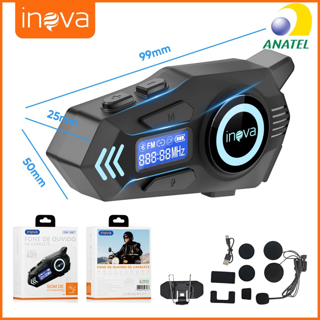 Inova Fone de Ouvido Bluetooth Intercomunicador para Capacete Moto com RGB e Microfone