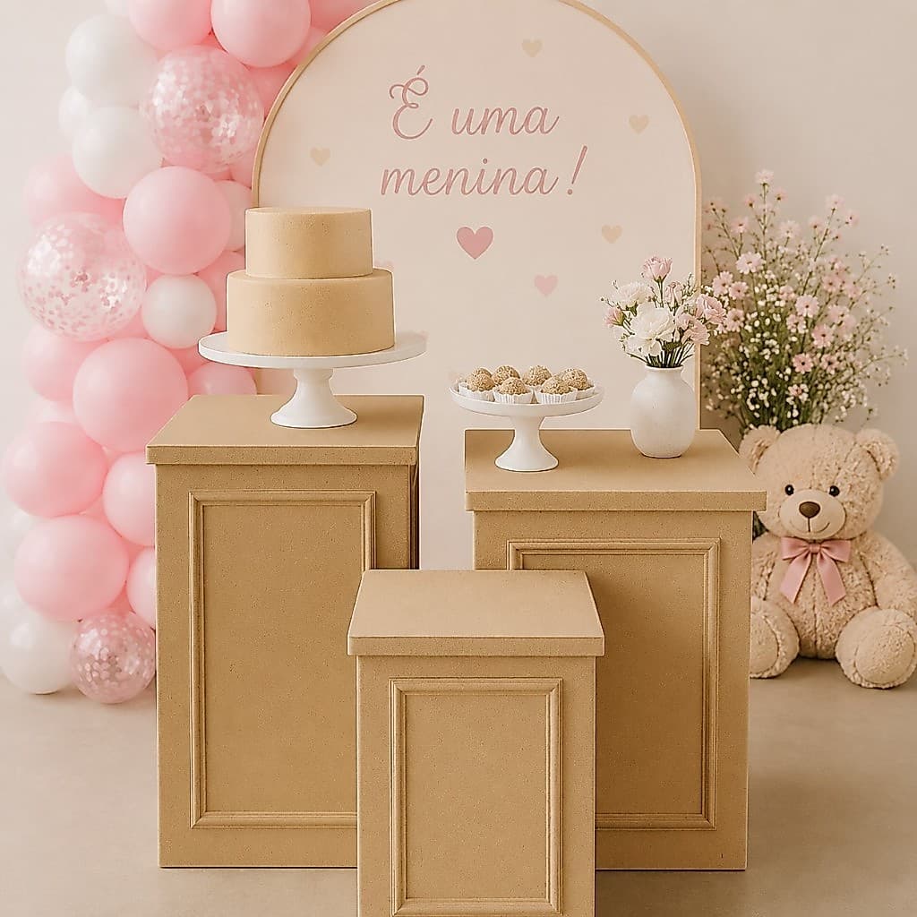 Kit 3 Cubos Boiserie MDF Cru Mesa Festa Aniversário Decoração