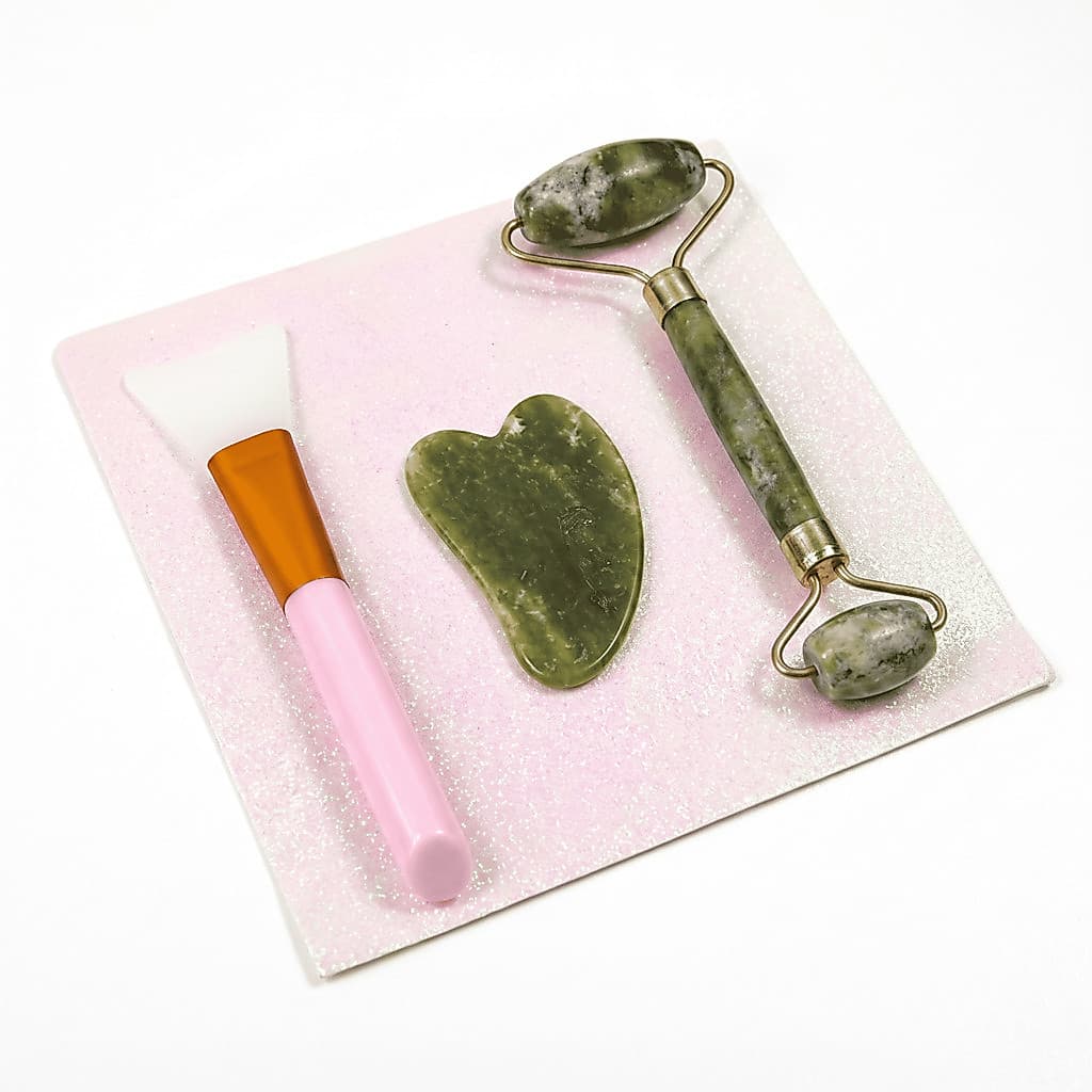 Rolo Pedra de Jade + Placa Gua Sha Massagem Facial Anti Ruga Rolinho Jade Lançamento