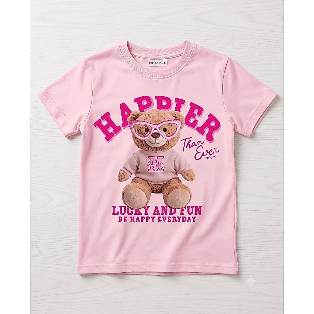 Camisa Infantil Happier Urso Teddy Camiseta Feminina Moderna Fofa Meninas Meninos 100% Algodão