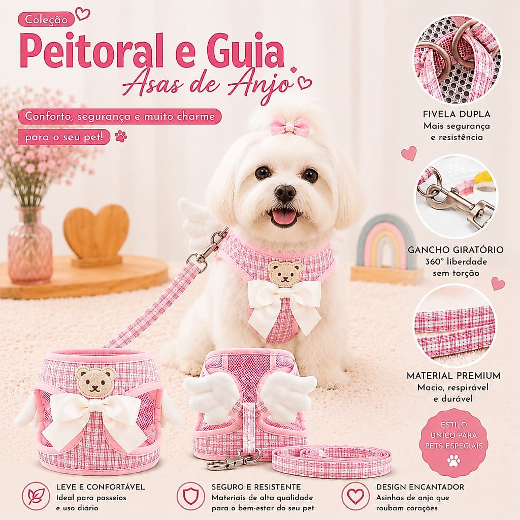 Coleira Peitoral Guia Cachorro e Gato Asas de Anjo Pequeno Médio Colete Pet Ajustável Confortável