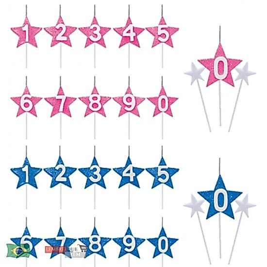 vela velinha de aniversário de aniversario  estrela com numero rosa azul - vela para festa