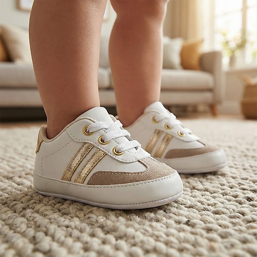 Tênis Bebê Confortável Para Recém-Nascido Branco e Dourado Fácil de Calçar Com Cadarço