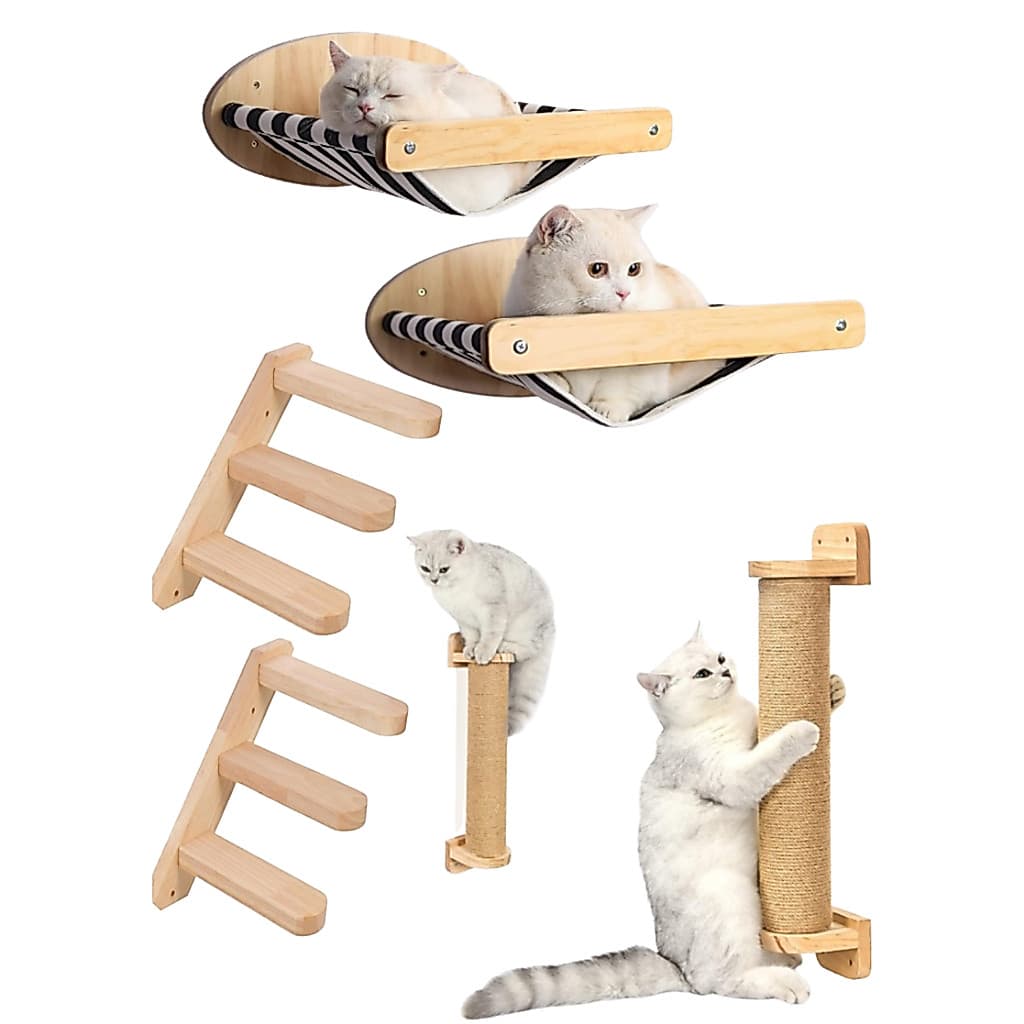 Kit 2 camas para gatos + 2 escadas e arranhador parede