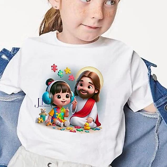 camiseta unissex blusa infantil AUTISMO, JESUS COM CRIANÇA,moda infantil,camiseta,menina