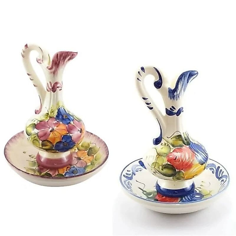 KIT 2 JARRA COM BACIA EM CERÂMICA 24X12CM PINTADO A MÃO ESMALTADO