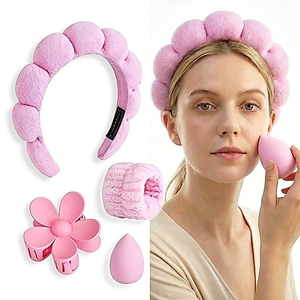 Kit 4 Peças Spa Skincare Faixa Nuvem Macia Presilha Flor Pulseira Lavar Rosto Esponja de Maquiagem