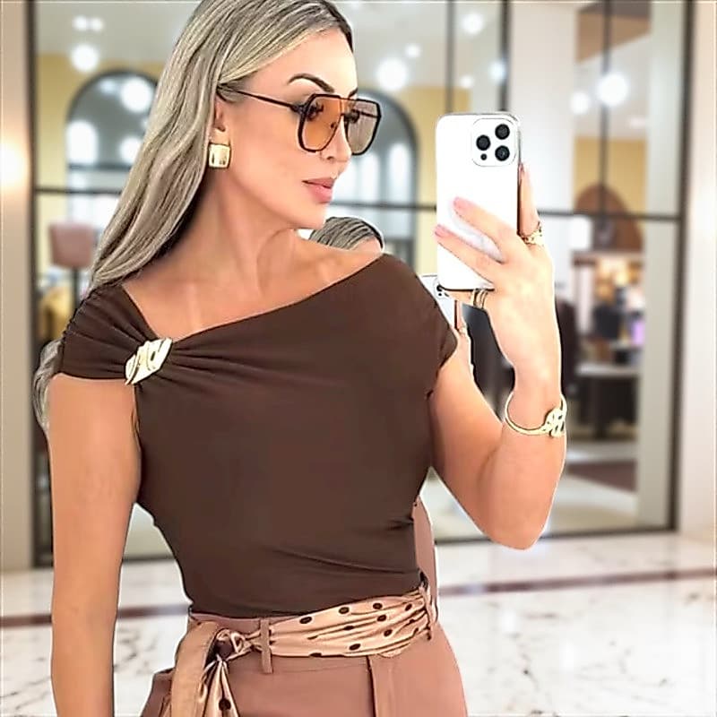 Blusa Feminina Suplex Assimétrica Com Fivela Ombro Caído