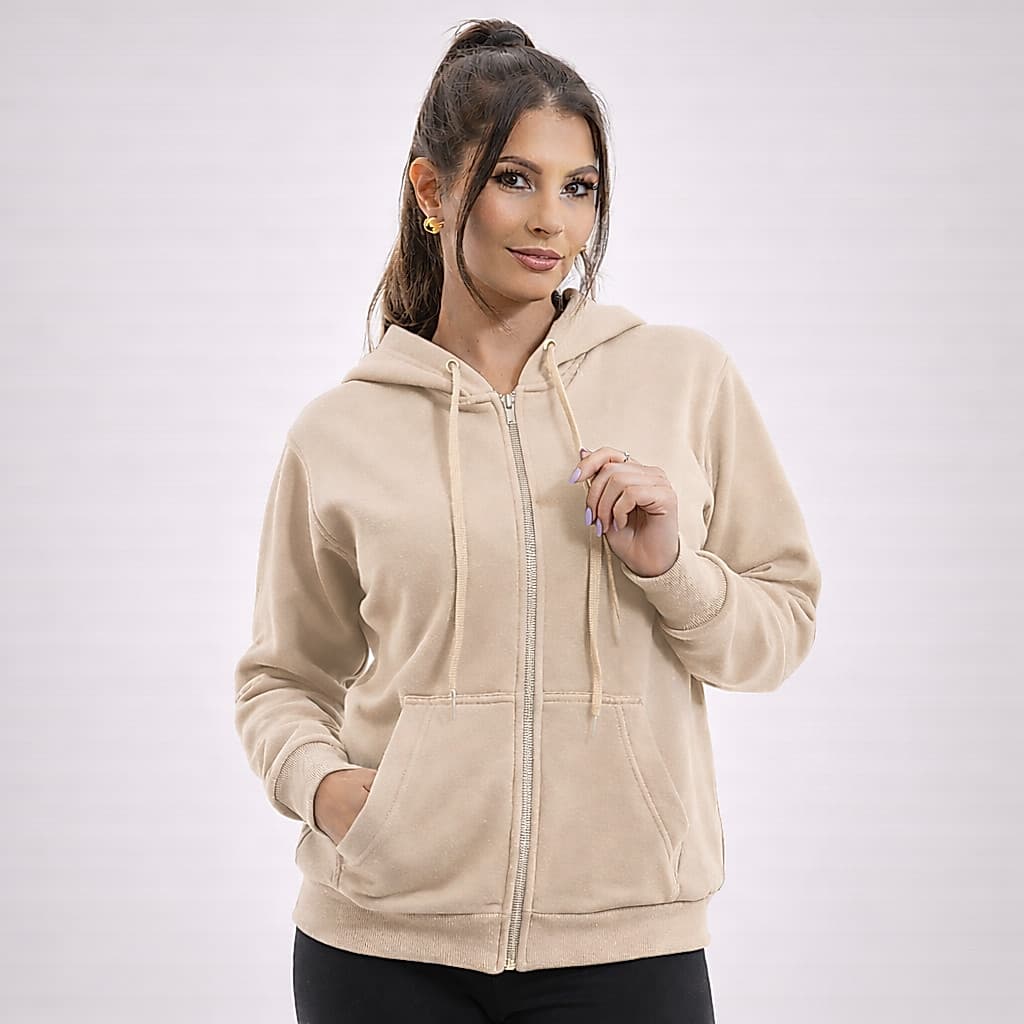 Moletom Feminino Ziper Grosso 2 Cabos Casaco Blusa de Frio Canguru Estilo Jaqueta Com Capuz