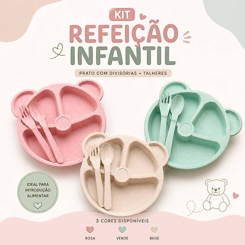 Kit Alimentação Infantil Prato Com Divisórias Bebê Colher Garfo