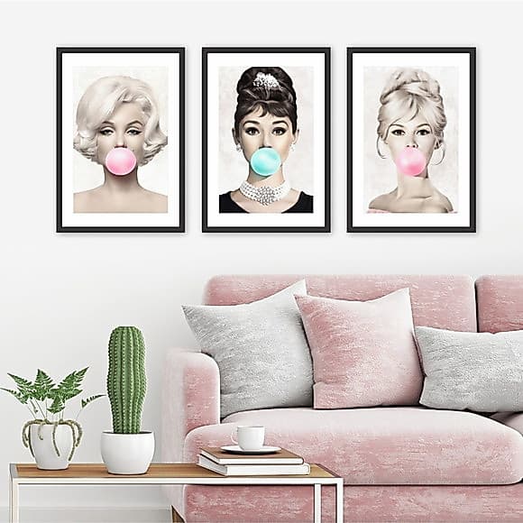 Quadros Decorativo Mosaico 90X50 3 peças Mdf Alta Resolução HD Marilyn Monroe Audrey Hepburn Brigitt