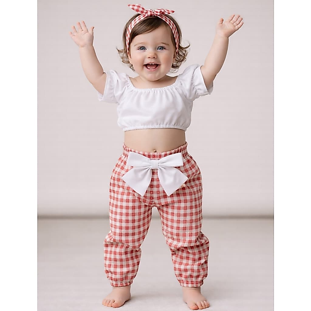 Conjunto Infantil Roupa Para Bebê Menina Blogueira Ciganinha + Calça + Faixa Xadrez Festa Junina New