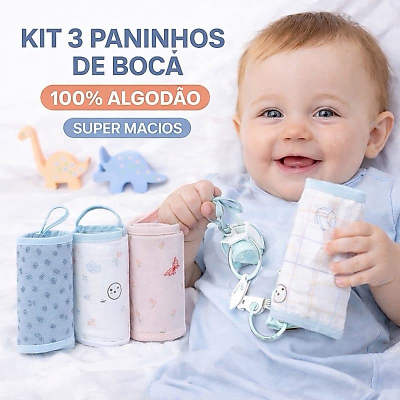 Kit 3 Paninho de Boca Papi Baby Soft Premium 32x32cm com Prendedor de Chupeta Algodão Macio