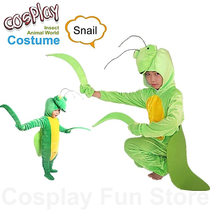 Crianças Cosplay Traje Mantis Pijamas Orando Animal Inseto Fantasia Dança Vestido De Veludo Dourado Macacão Festa