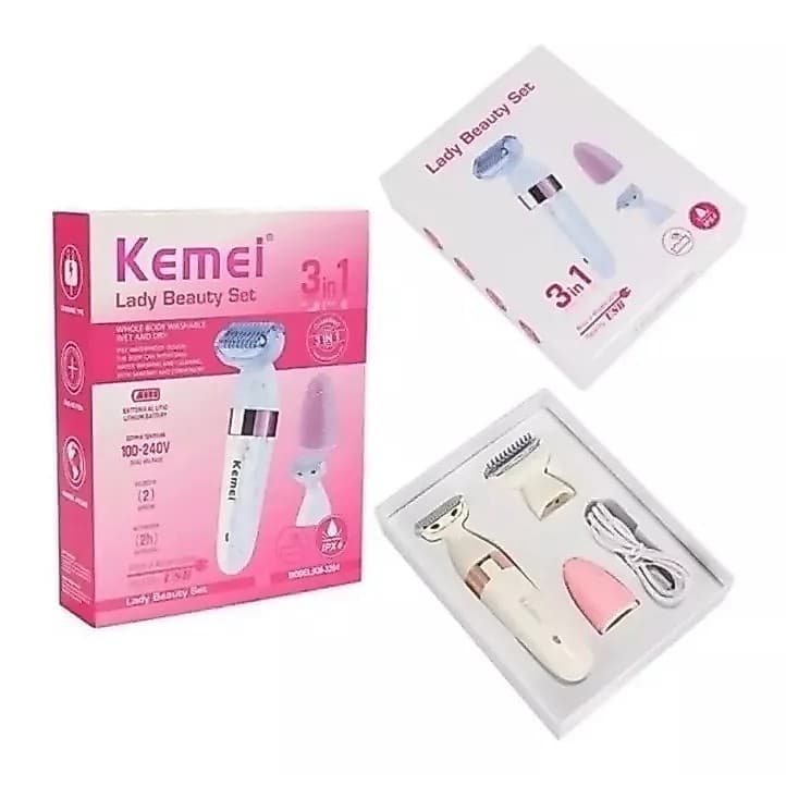 3em1 Depilador Pelos Feminino KM-3204 Com Escova Massagem Facial
