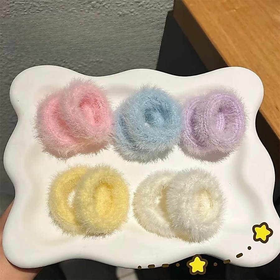 Conjunto De Elásticos De Veludo Pastel Com 10 Peças-Laços De Cabelo De Cor Doce De Pelúcia | Ponytai De Alta Elasticidad