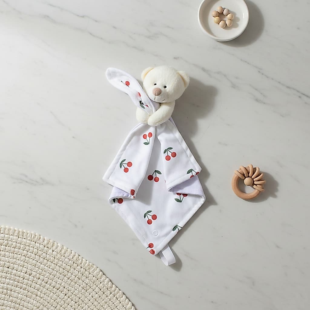 Naninha Bebê Feminina Cereja Vermelha Plush Macia Forrada em Algodão com Porta Chupeta