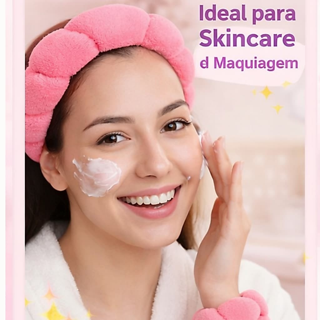 Kit Tiara Skincare + Pulseira Spa Maquiagem Atoalhada Não Marca Cabelo