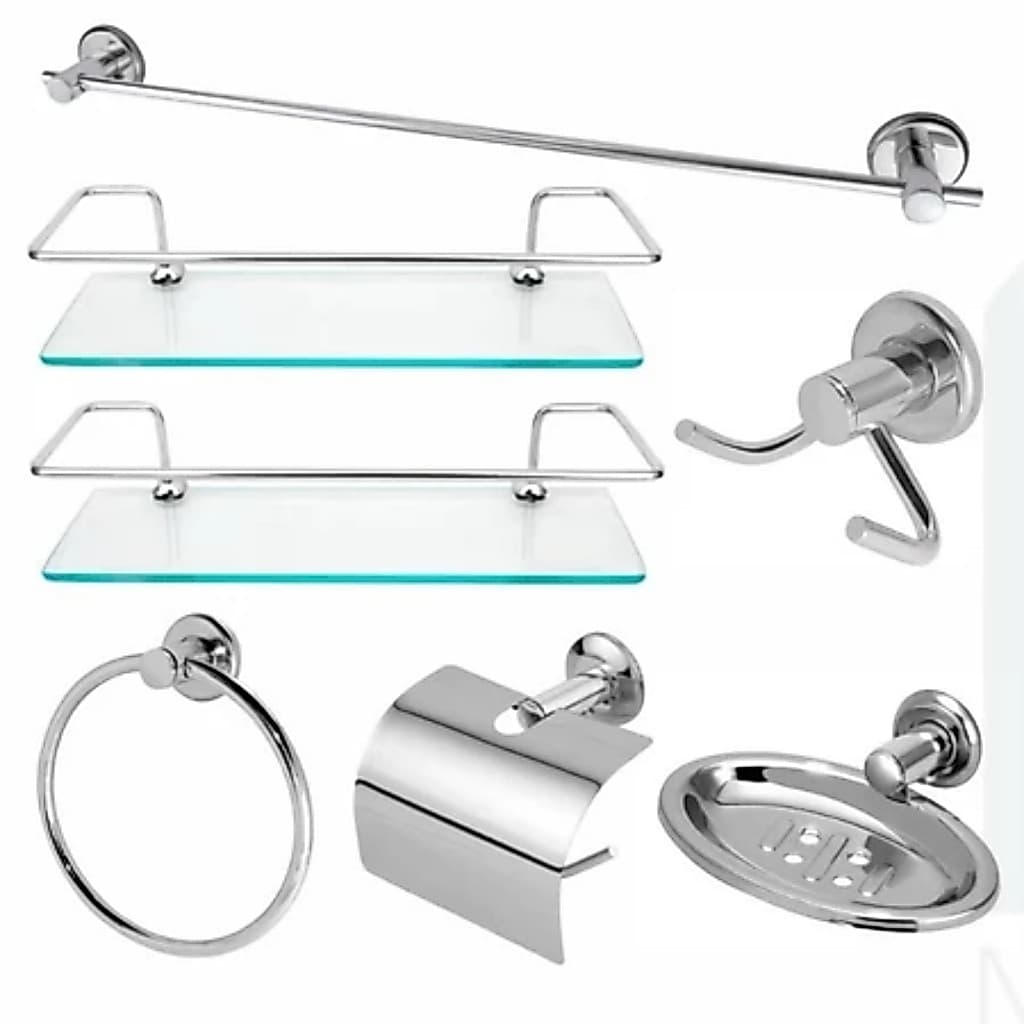 Kit Acessórios Para Banheiro Aço Inox 5 Peças + 2 Porta Shampoo De Vidro 6mm Reto Organizador