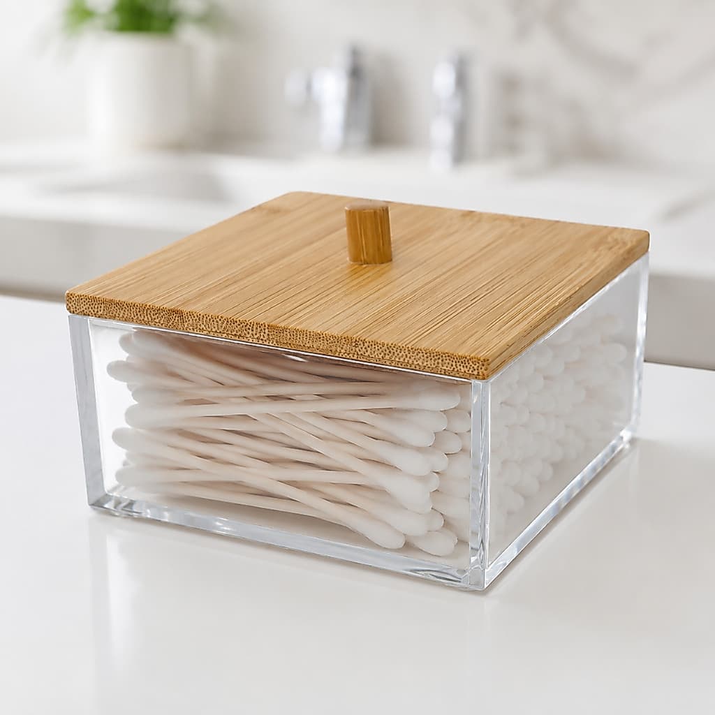 Organizador Acrílico Com Tampa De Bambu 9.5x9.5 Algodão Cotonete Penteadeira Organizadora Banheiro