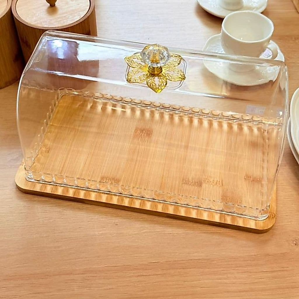 Bandeja Porta Pães e Bolos com Tampa em Bambu  29,4x16,5 cm