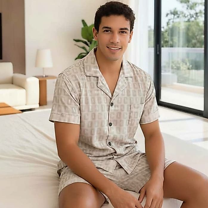 Conjunto De Pijama Curto Masculino, Estampa Iuxuosa Para O Conforto Do Verão - Pijama Casual Premium