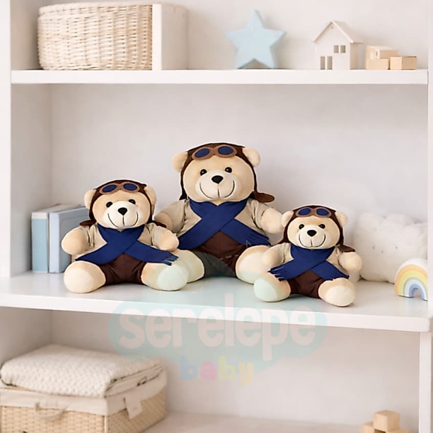 Trio Urso de Pelucia Ursinho Aviador Para Nicho Decoração Quarto Bebe Menino Menina