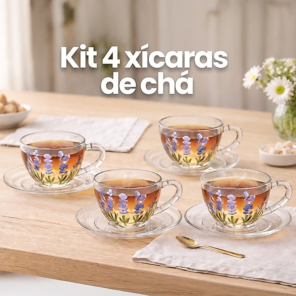 Conjunto 4 Xícaras 220ml De Cristal Com Pires Chá E Café Lavanda kit 4 canecas