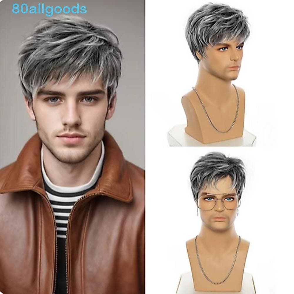 ALLGOODS1 Moda Masculina Cabelo Curto , Perucas Sintéticas Masculinas Resistentes Ao Calor Naturais , Peruca Curta Reta