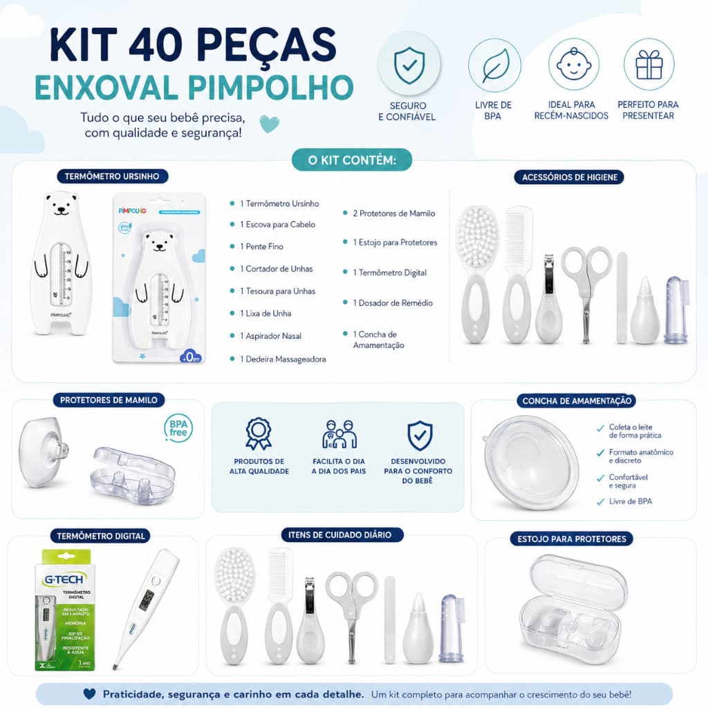 Kit Higiene e Cuidados Bebê 40 Peças Pimpolho Enxoval Completo
