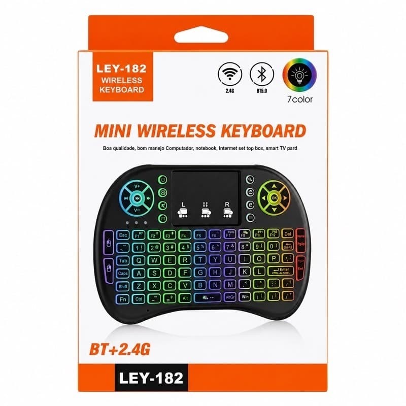 Mini Teclado Sem Fio Bluetooth 2.4G com Touchpad e Luz RGB para TV Box Smart TV PC