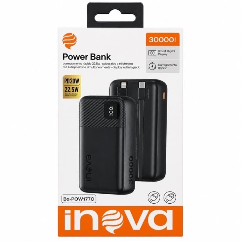 POWER BANK 30.000MAH COM CABO INTEGRADO - BA-POW177C - INOVA