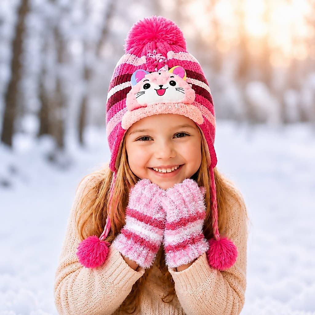 Touca Infantil Inverno Peluciada Com Protetor de Orelha Luva de Criança Cortesia