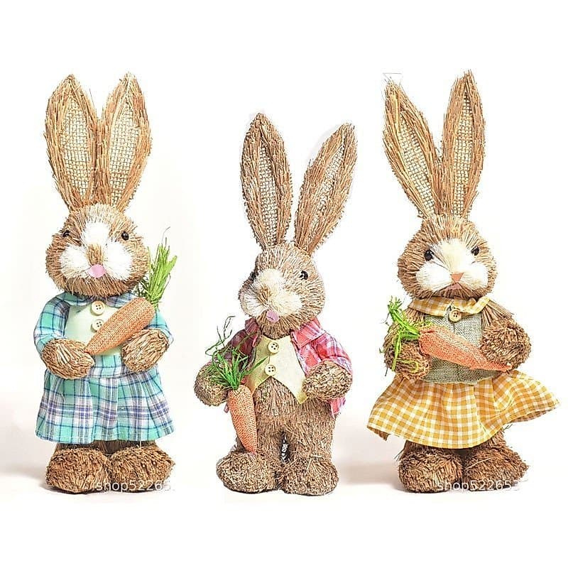 Decoração De Páscoa Coelho De Palha , Casal De Coelhinho , Ornamento Feito À Mão , Coelhos Bonitos Estátuas De Mesa Para
