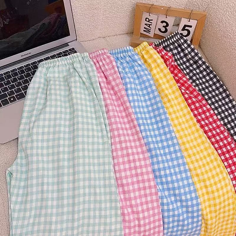 Dopamina xadrez calças verão fino preguiçoso Drape solto calças casuais femininas pequena cintura alta mais magro olhar