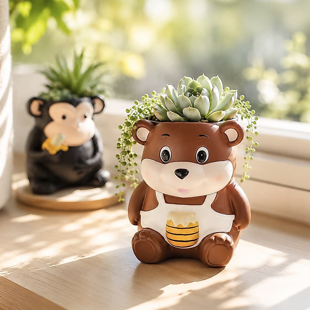 Vaso suculento de urso de mel | Vaso de flores pequeno de resina bonito, decorações de flores para casa de mesa de varan