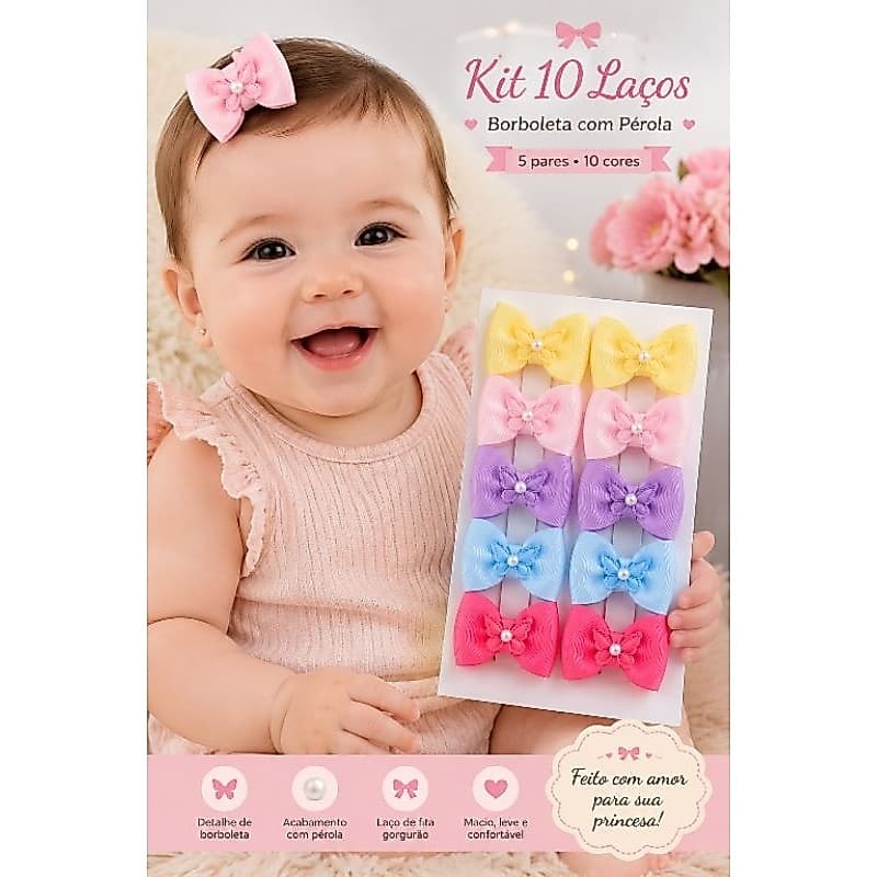 Kit com 10 Lacinhos para Bebê Borboleta com Pérola | Presilha Bico de Pato em Gorgurão Artesanal Infantil