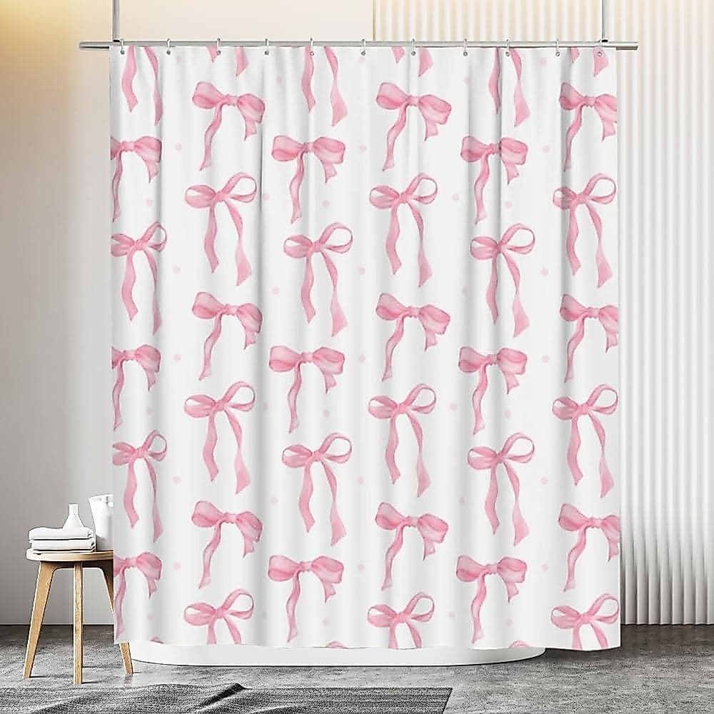 Cortina de Chuveiro Rosa com Laço, Cortinas de Chuveiro Fofas e Femininas para Banheiro, Cortina de Chuveiro Impermeável