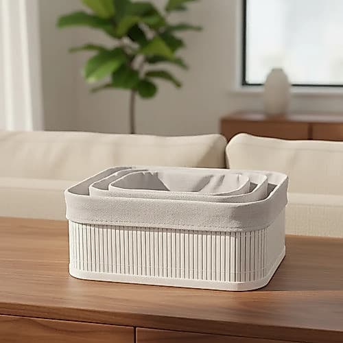 Kit 3 Cestos Organizadores De Bambu Branco BrancO
