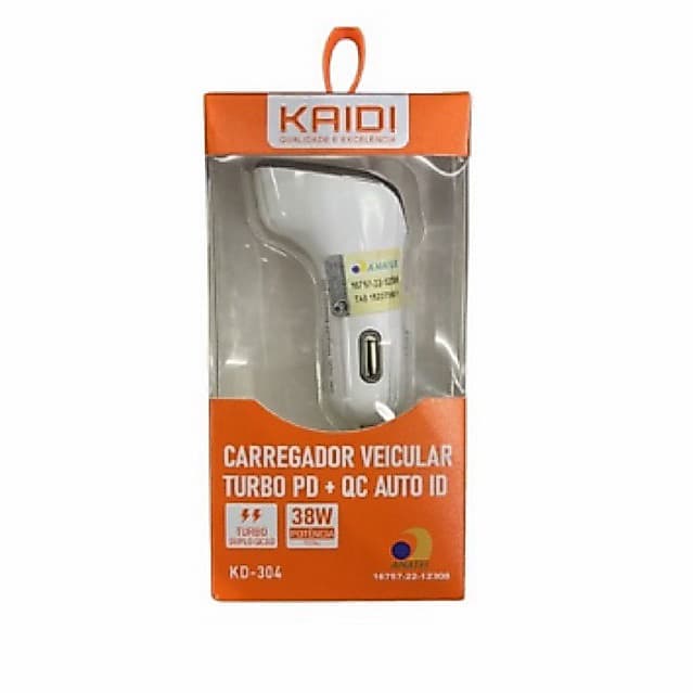 Carregador Veicular Turbo 38W Kaidi KD-304 PD + QC 3.0 USB-C Carregamento Rápido