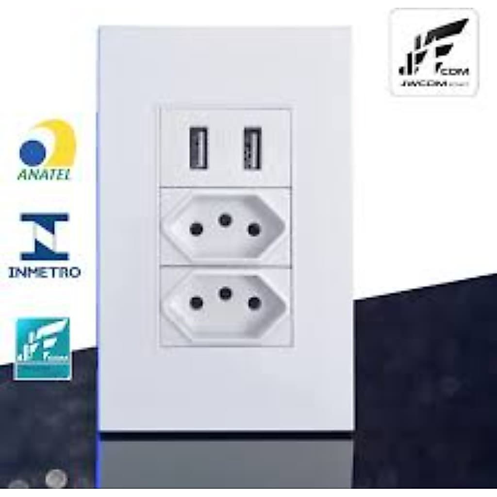 Tomada de Parede Dupla 10A Padrão Brasileiro com Duas Portas USB Embutidas Espelho 4x2 Inteligente Bivolt Certificado