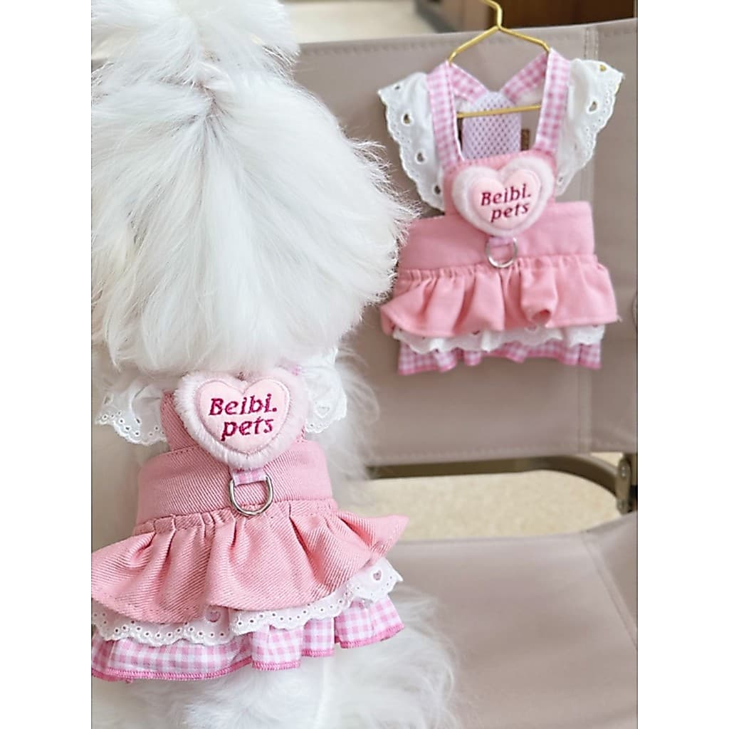 Pet pêssego coração Denim saia cão gato tração peito volta roupas primavera verão pequenos filhotes fino vestido de prin