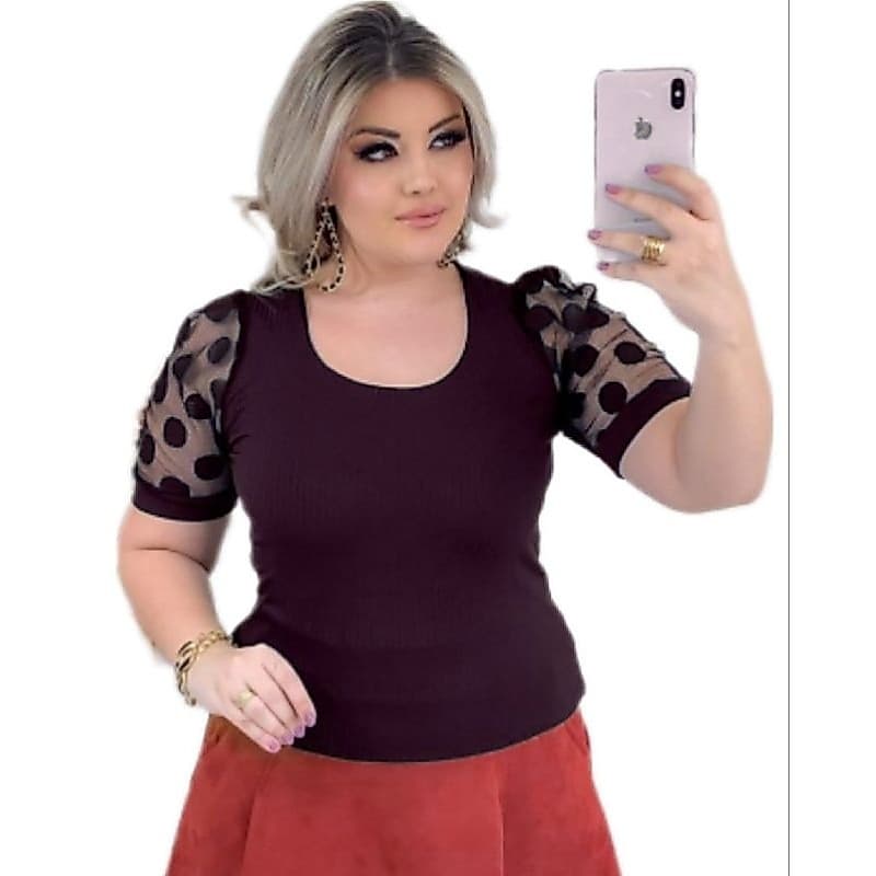 Blusa manga renda blusinha evangélica t-shirt manga tule poa