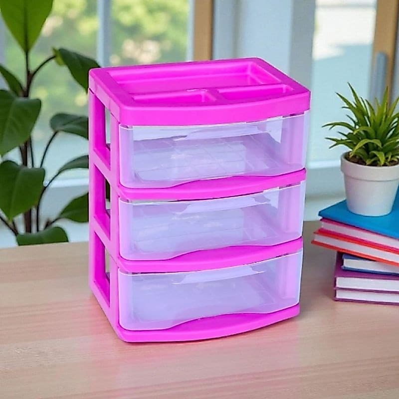 Gaveteiro Organizador Multifuncional  Mesa Maquiagem Acessórios Banheiro Escritório Cozinha Rosa 3 Gavetas Transparentes